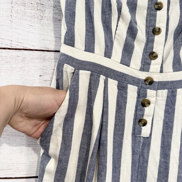 American Eagle Blue Ivory Striped Button Front Jumpsuit Size Small Petite - Picture 6 of 13